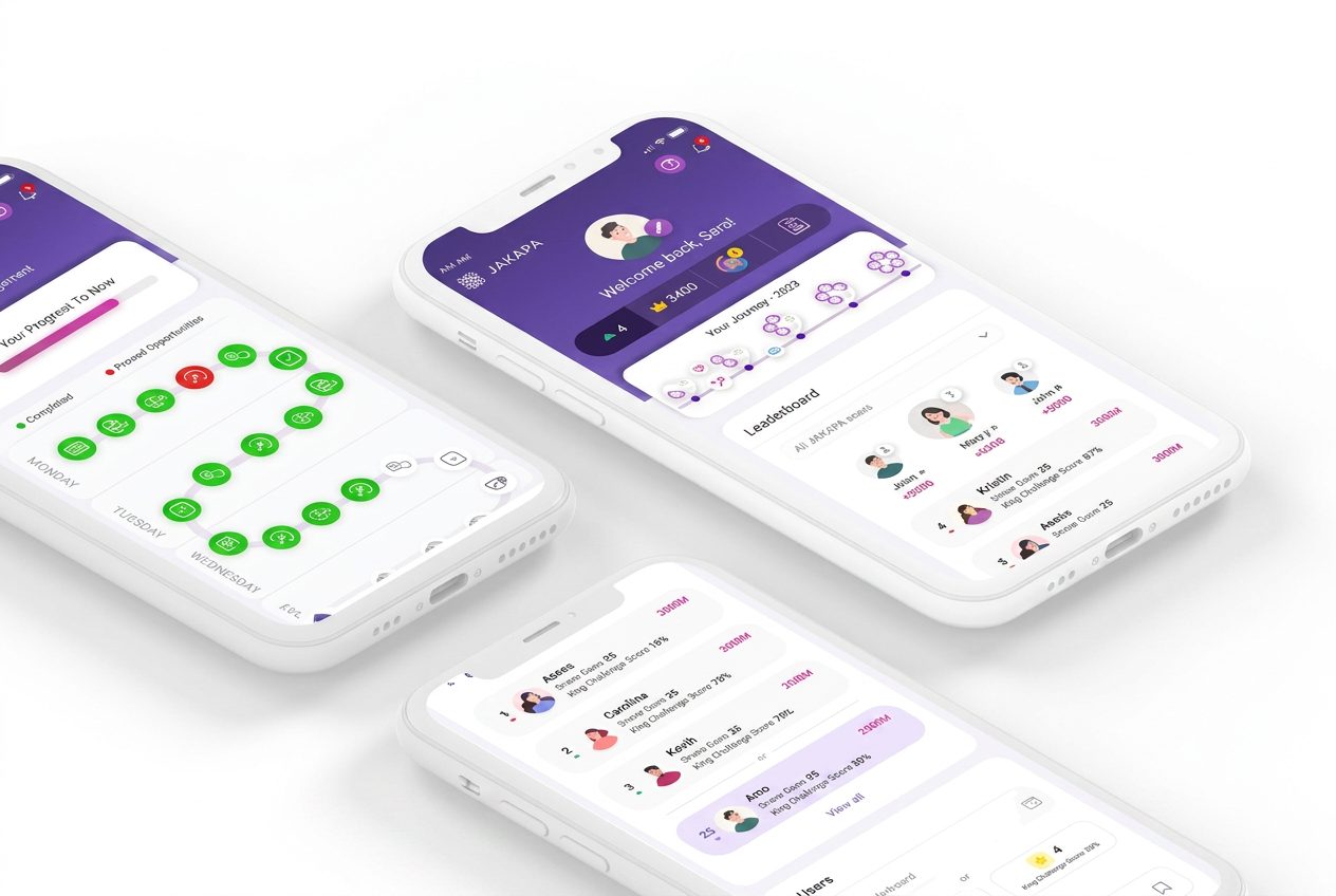 Three iPhones showing Jakapa's dashboard, weekly challenges, and leaderboard