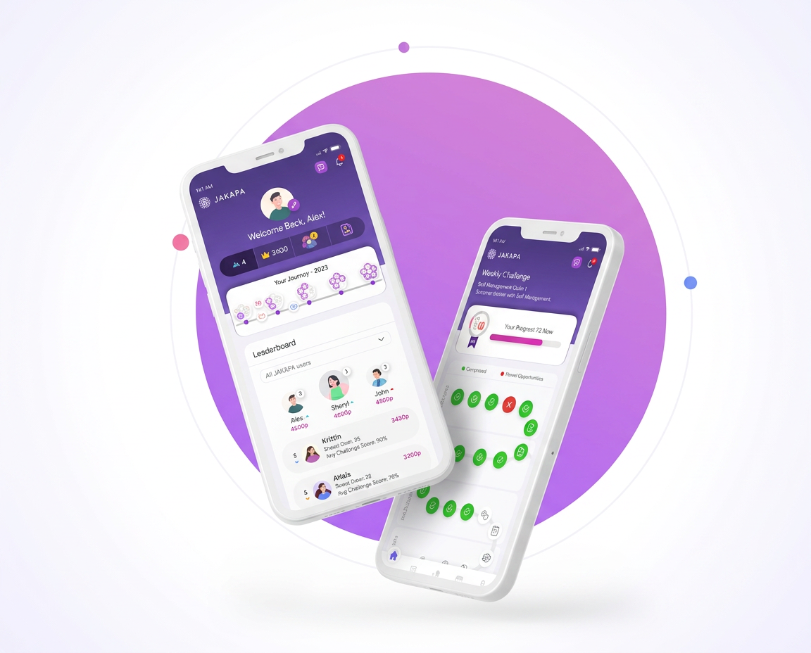 Jakapa mobile app shown on two phones over a purple backdrop